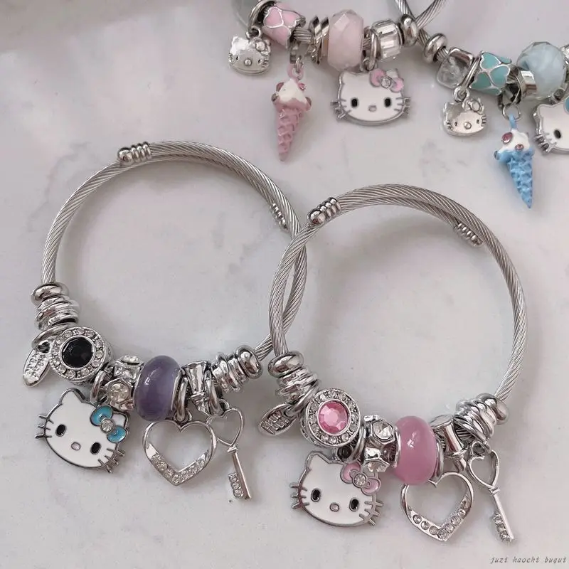 

Hellokitty Stainless Steel Wire Cartoon Cat Bracelet Female Bracelet Handmade Beads Crystal Love Adjustable Size String