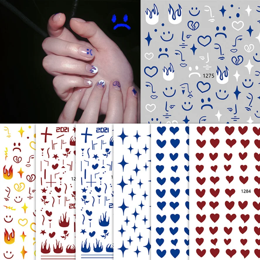 

1PC Charm 3D Nail Art Stickers Klein Blue Cute Cartoon Nails Decals Abstract Face Smile Sad Pattern Sliders for Manicures Decora
