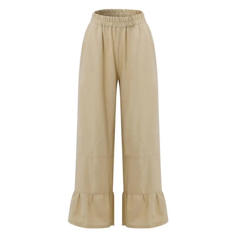 

New Lady Cotton Linen Pockets Pants Mid-Rise Elastic Waist Pleated Stitching Straight Wide Leg Casual Trousers Female Clothing