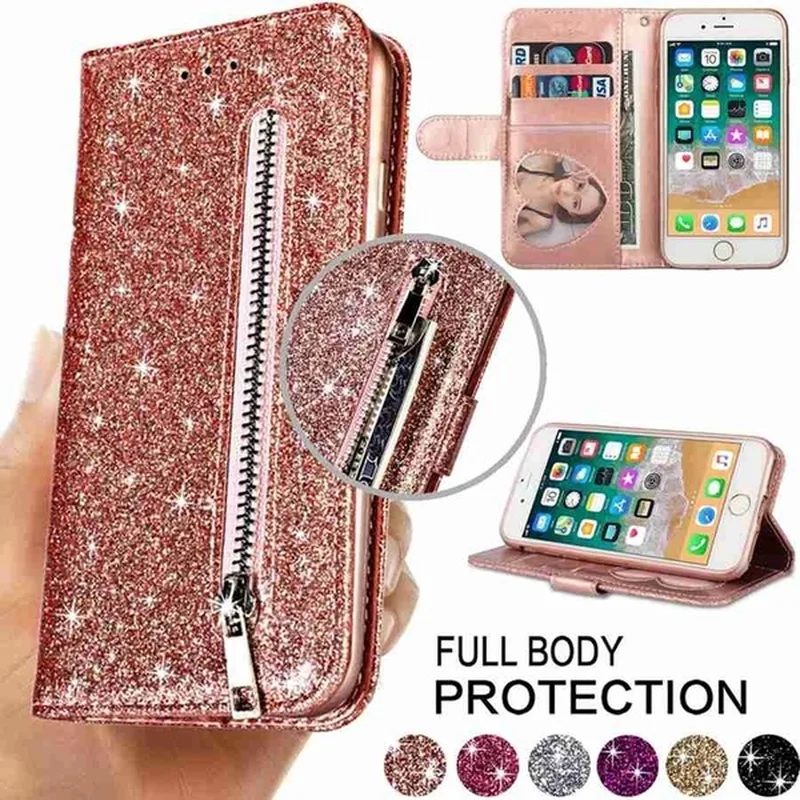 Fashion Glitter Leather Wallet Card Slots Flip Case Cover For iPhone 14 13 12 11 Pro Max XS Max XR X 8 7 6S 6 Plus SE2022 5 5S