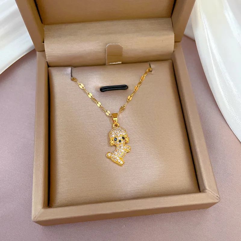 Cute Lovely Dog Animal Crystal Pendant Necklace for Women Men Couple Stainless Steel Chain Choker Fashion Jewelry Wedding Gift