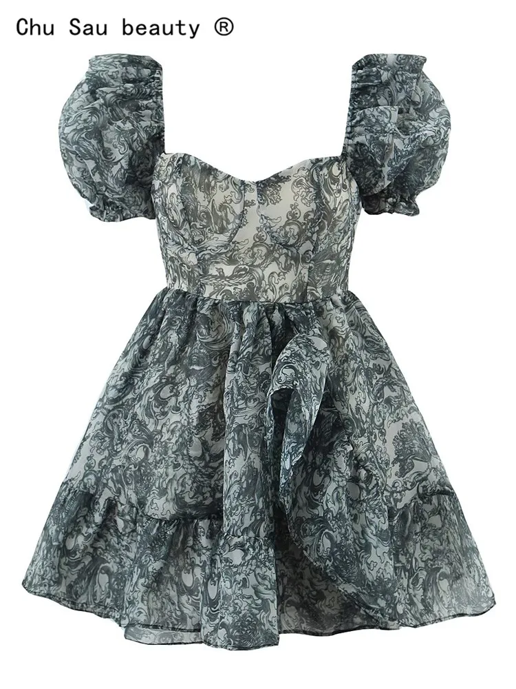 

Женское винтажное мини-платье с принтом роз, короткое Повседневное платье с квадратным вырезом и пышными рукавами, весна-лето 2023
