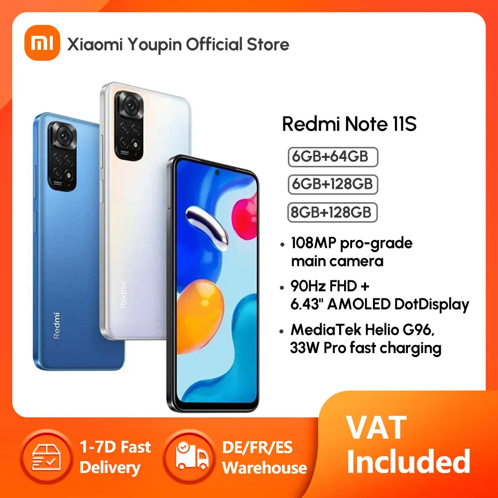 Смартфон Xiaomi Redmi Note 11S 6 + 64/128 ГБ FHD 43 дюйма AMOLED 33 Вт 5000 мА · ч |