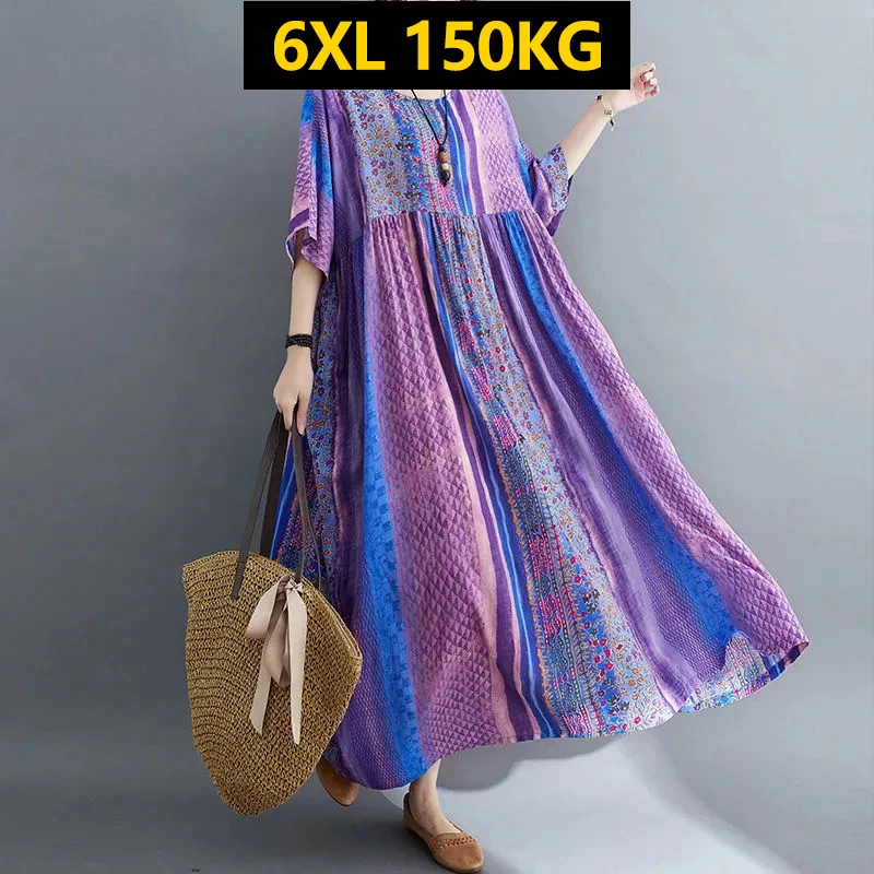 

E GIRLS Large Size 6XL 140kg Summer Long Dress Cotton Linen O Neck Short Sleeve Vintage Maxi Dresses Casual Loose Floral Dress E