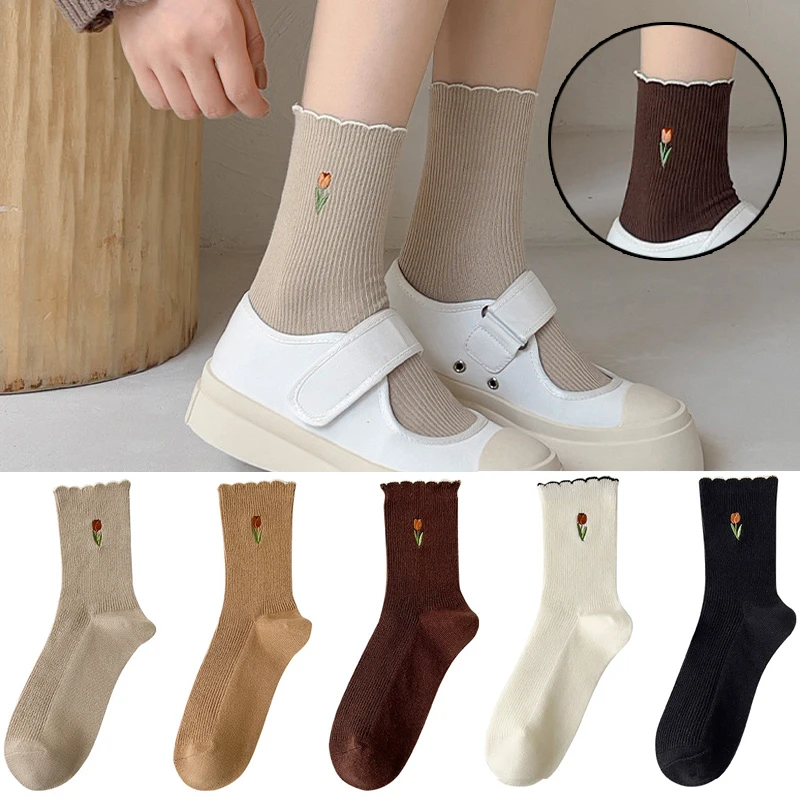 

Cute Embroidery Ankle Socks Crew Socks Women Socks Mid Tube Foot Socks Hosiery Floral Cotton Summer Solid Color Fashion Soft