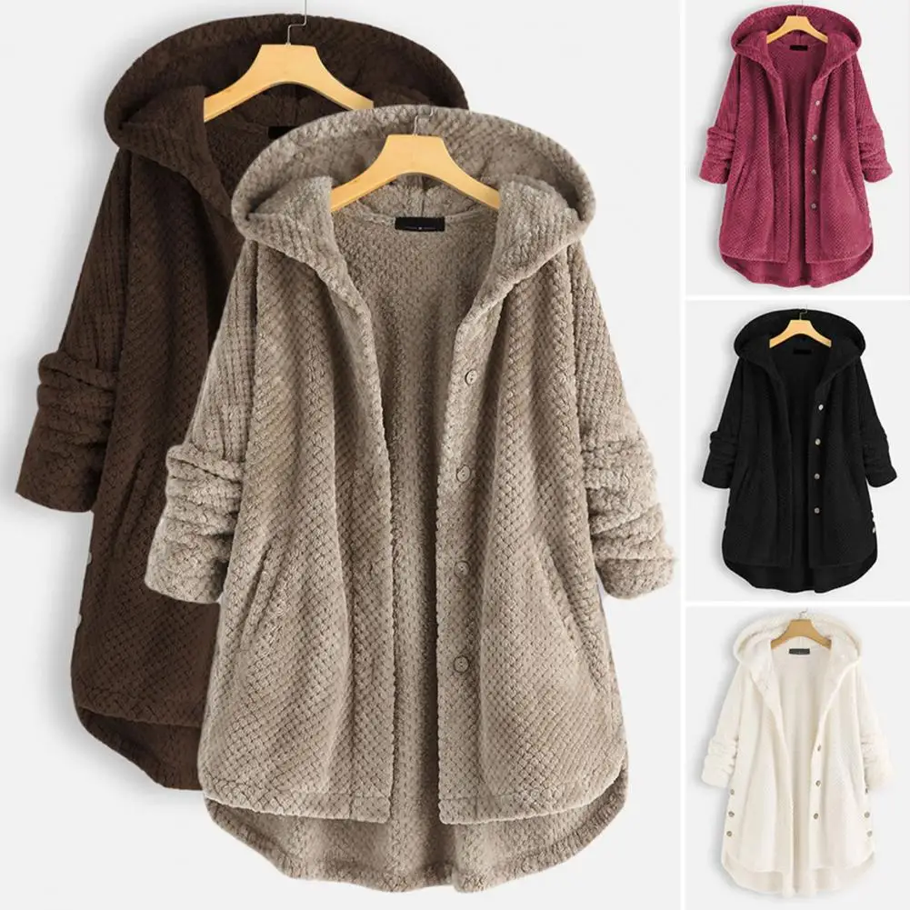 Women Winter Coat Single-breasted Placket Long Sleeves Hooded Hat Solid Color Thick Double-sided Plush Loose Warm Winter Jacket