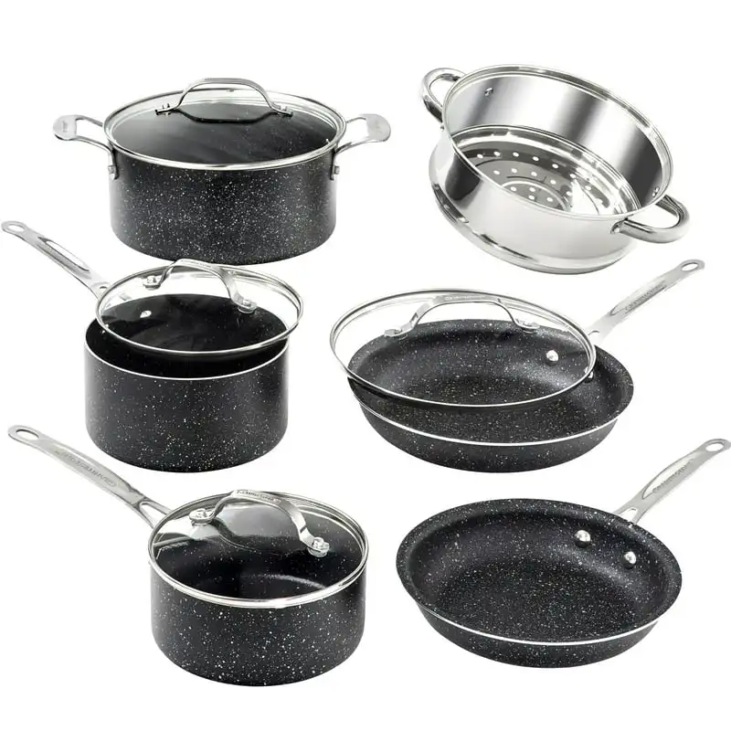 

Pots and Pans Set, 10 Piece Nonstick Cookware Set, Includes Steamer, Scratch Resistant, Granite Coated, Dishwasher and Oven-Safe