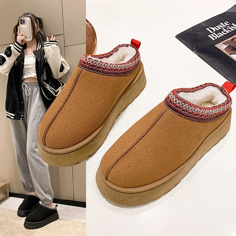 

Женские шлепанцы на плоской подошве, Нескользящие ботинки из флока на платформе, с закрытым носком, на среднем каблуке, резиновые сланцы, Короткие Плюшевые ботинки для снежной погоды, из искусственной кожи, 2023