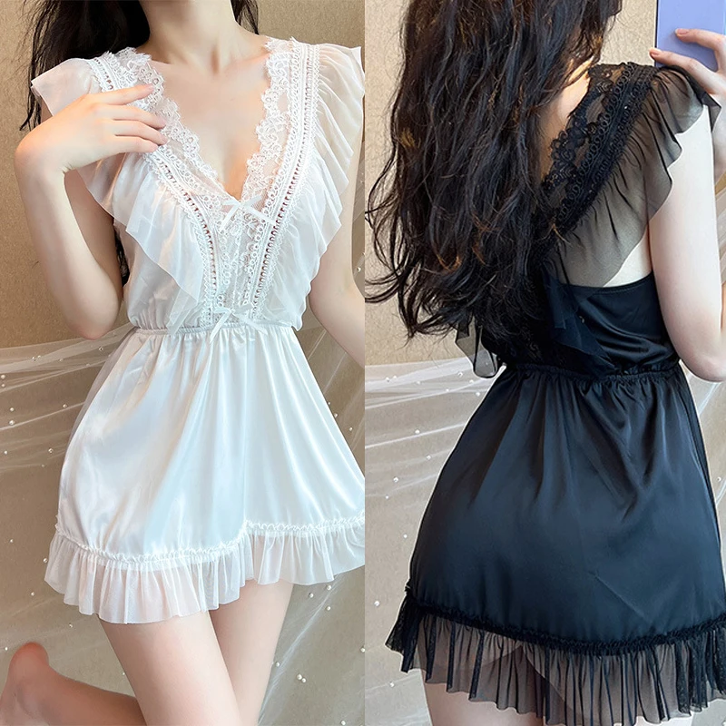

Kawaii Lingerie Young Women Summer Ice Silk Nightdress New Lace Seductive Sexy Nightgown Suspender Nightgowns