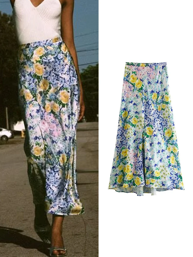 

Женская атласная юбка с высокой талией, элегантная трапециевидная юбка средней длины с цветочным принтом, на лето