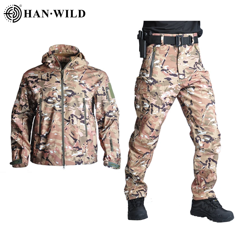Camouflage Suit Outdoor Hunting Jackets Tactical Camping Waterproof Windproof Coats Hoody Softshell Jacket+pants Hunting Clothes