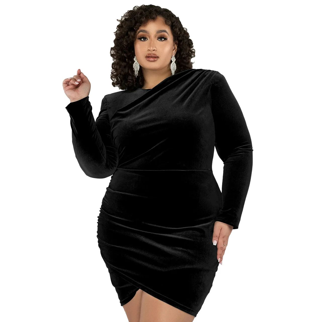 Women Plus Size Elegant Dresses 2023 Spring Casual Solid Color Pleated Daily Large Size Dress Fashion Long Sleeve Party Dresses