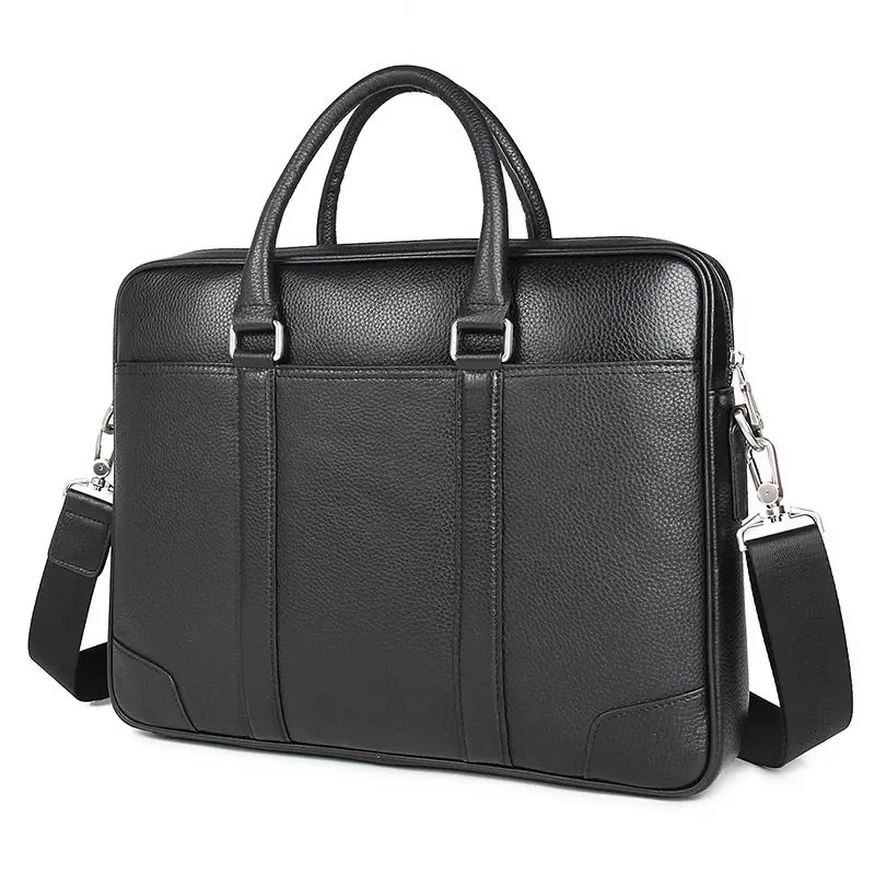 

High Quality Black Genuine Leather 14'' Laptop Office Men Briefcase Business Shoulder Messenger Bags A4 Portfolio M7400
