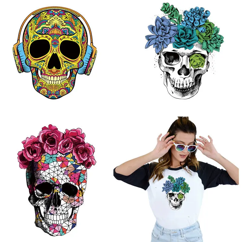 

TuQiang 3pcs Skull Patches Iron on Clothes Heat Transfers Punk Patch for Handbags Thermal Transfer Vinyl Waterproof Stickers