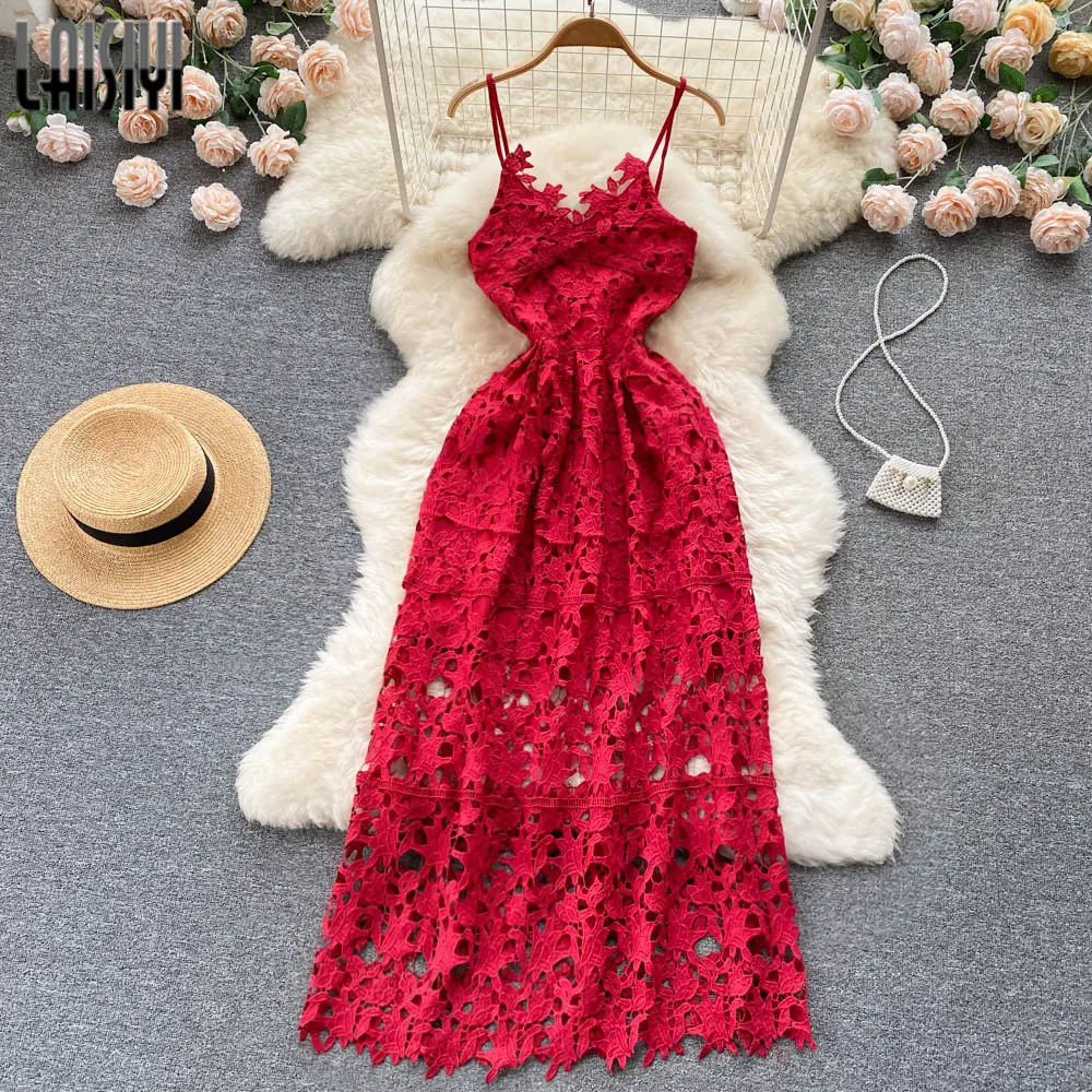 

Летнее кружевное платье-макси с вырезами, Женские однотонные вечерние платья без рукавов с V-образным вырезом и лямкой на шее, женская одежда, пляжная одежда, праздничный стиль