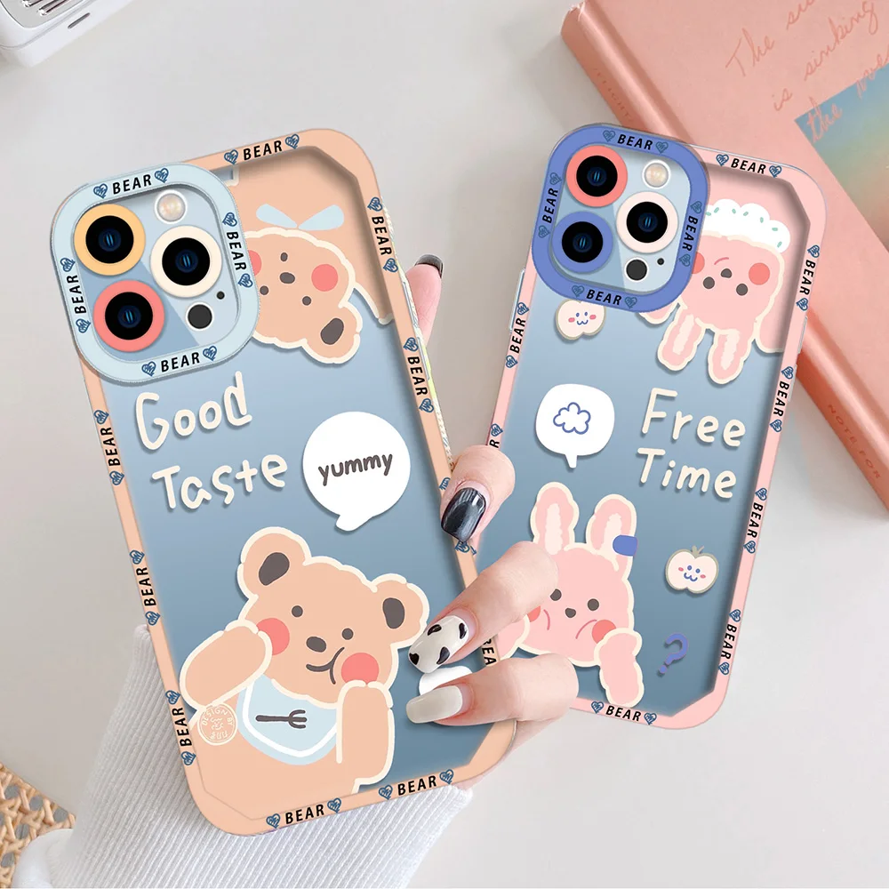 

Cute Bear Clear Couple Phone Case for iPhone 13 12 Mini 11 Pro Max XS X XR 7 8 Plus SE 2020 Transparent Soft TPU Back Cover Capa