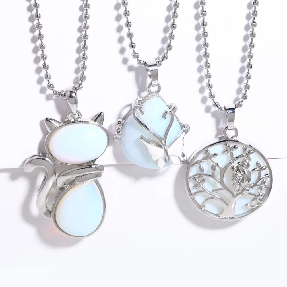 

FLOLA Nature Stone Opal Cat Necklaces for Women Stainless Steel Beads Chain Hollow Life Tree Necklaces Vintage Jewelry nkeb667