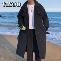 trench men oversize solid double breasted loose coat all match streetwear turn down collar sashes hot sale hombre korean fashion