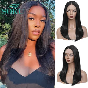 Yaki Straight Synthetic Lace Front Wig Middle Part With Baby Hair Natural SOKU High Temperature Fiber Lace Wigs For Black Women