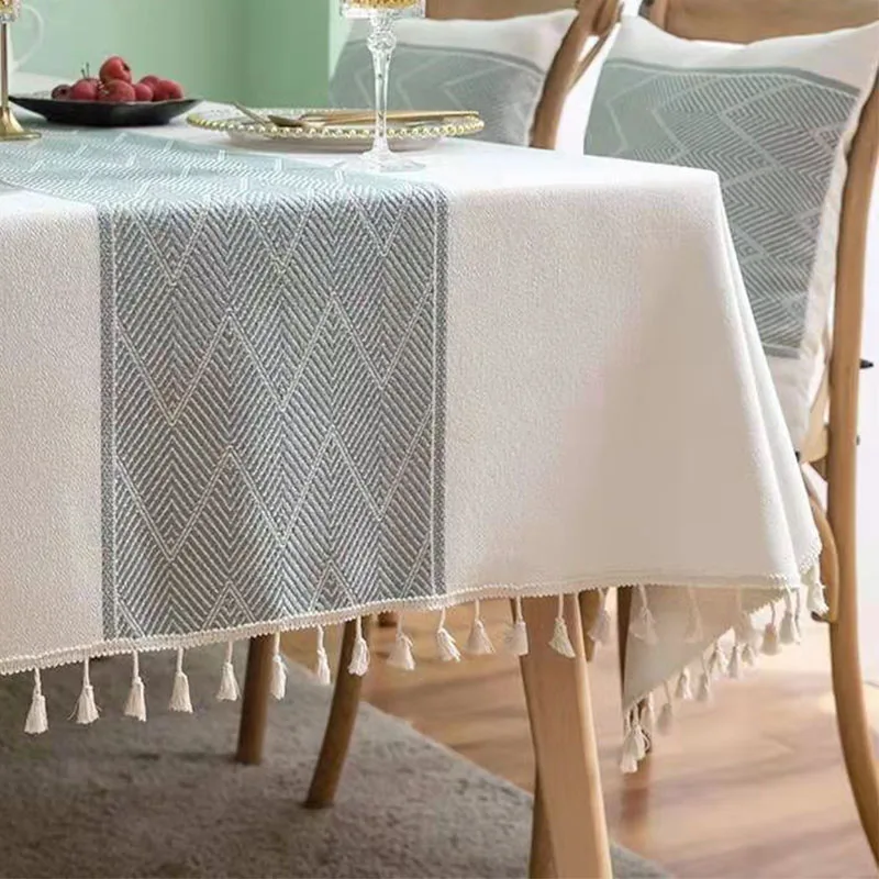 

Cotton Linen Collection Jacquard Yarn Dyed Tablecloth Rectangular Decorative Tablecloth With Tassel Banquet Luxury Tablecloth
