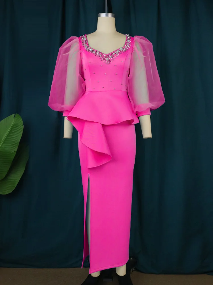Plus Size Women Dreeses Square Neck Stud Beads Perspective Lantern Sleeve Dress Elegant Banquet Dress One-step Dress Partydress