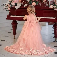pink a line floor length flower girl dresses for wedding sleeveless with tulle 3d flowers appliques birthday party dressees 2022