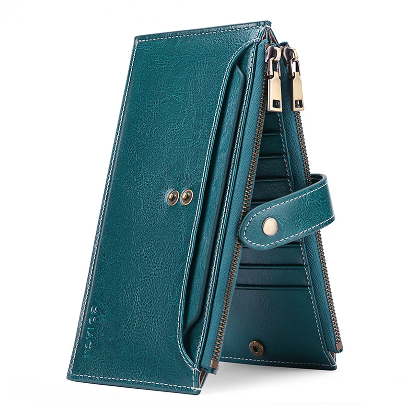 

2022 New Wallets for Women Oil Waxed Cowhide Vintage Card Holder Multi-Card Zipper Cell Phone Bag Designer Women Wallet Carteras