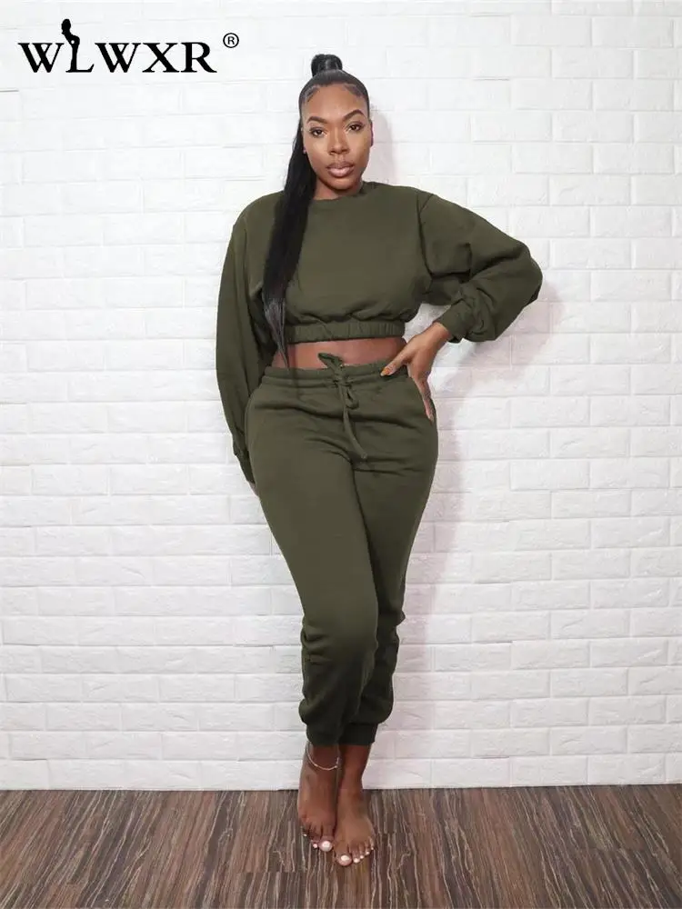 

WLWXR осенний свободный черный комплект из 2 предметов, спортивные костюмы для женщин, короткий топ с длинным рукавом, наряды, мешковатые брюки с завязками, подходящие комплекты