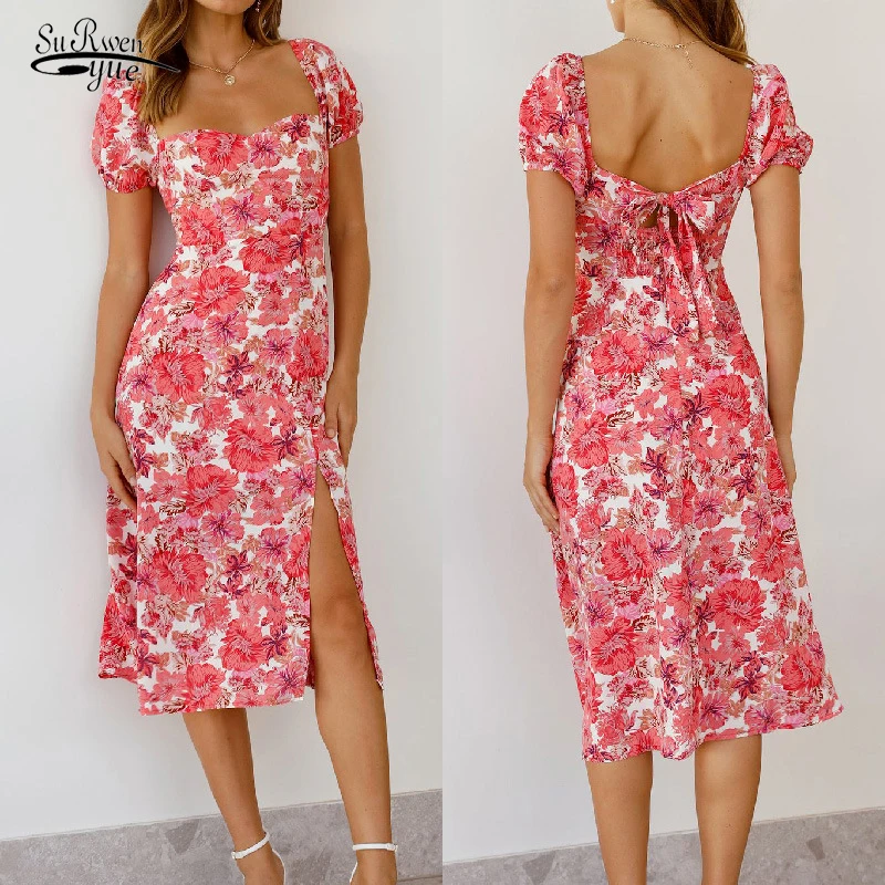 

Женское винтажное платье с квадратным вырезом, Элегантное повседневное платье с рукавами-фонариками и бантом, модель 21319 на лето