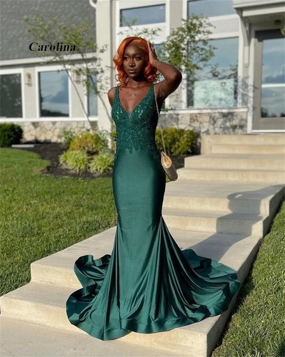 

Sexy V-Neck Sleeveless Prom Gown Appliques Satin Occasion Dress Robe De Soirée Women Elegant Vintage Sexy Evening Party Dress