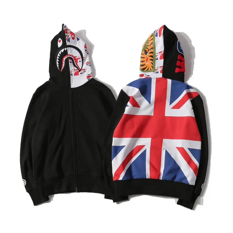 

2024 New trendy brand shark head British beige flag men's and women's hooded cardigan jacket