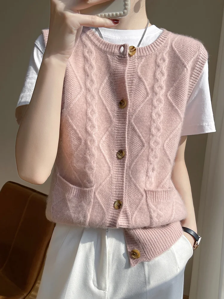 2023 Autumn and Winter New round Neck Women% Woolen Sweater Cardigan Loose Slimming Temperament Fleece Stacked Vest