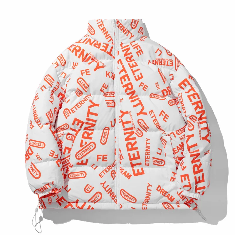 Winter Coat Double-sided Wear Cotton Jackets Mens Fashion Stand-up Collar Letter Full Print Loose Thickened Warm Jacket