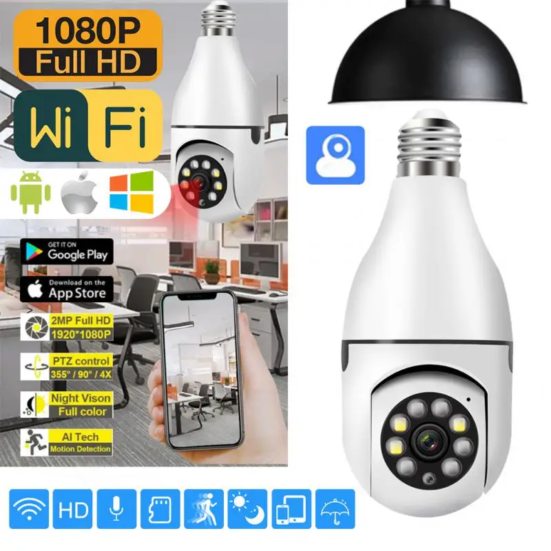 

Bulb Camera 1080p Surveillance Camera Full Color Automatic Human Tracking Camcorders Wifi PTZ IP Cam Video Security Monitor