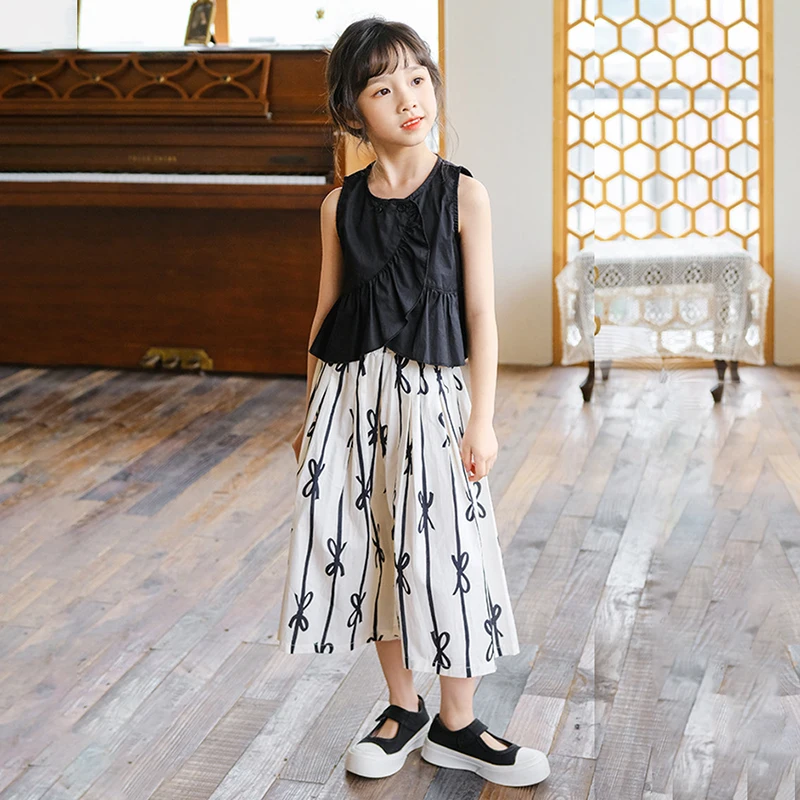 

Girls Summer Clothing Bow And Polka Dot Printed Cropped Pants Elegant Comfortable Breathable Cotton Clothes Children 6-14 Years