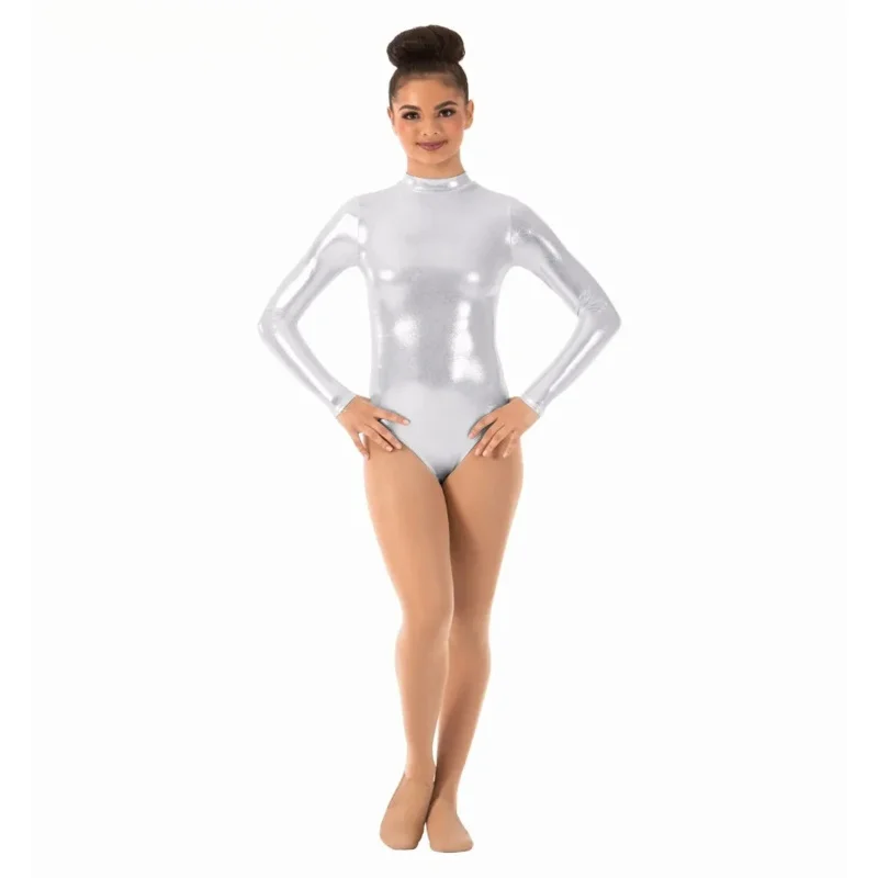 Фото Мягкие женские гимнастические купальники с длинным рукавом и высоким воротом, цельные блестящие металлические боди для выступлений на сцене №4