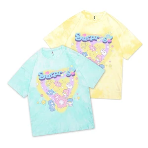 Summer Streetwear Cartoon Bear Pattern T Shirt Men Clothing Hip Hop Baggy Cotton Tie-dye Tees Tops Men Oversized T Shirts Male