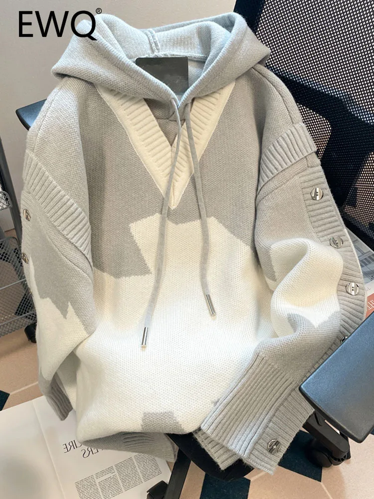 

EWQ sweet style Y2K women hoodie contrast color fake two piece drawstring hooded knitted female sweatershirt autumn 2023 New