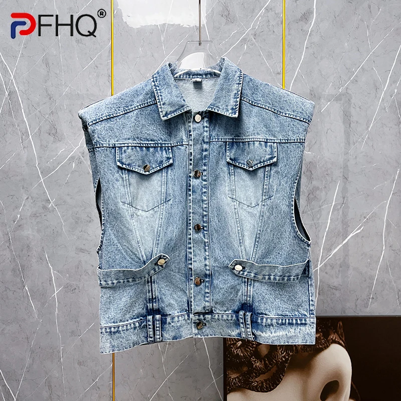 

PFHQ Niche Design Short Denim Vest Men's American Chic Vintage Solid Color Handsome High Street Outdoor Summer Waistcoat 21Z1675