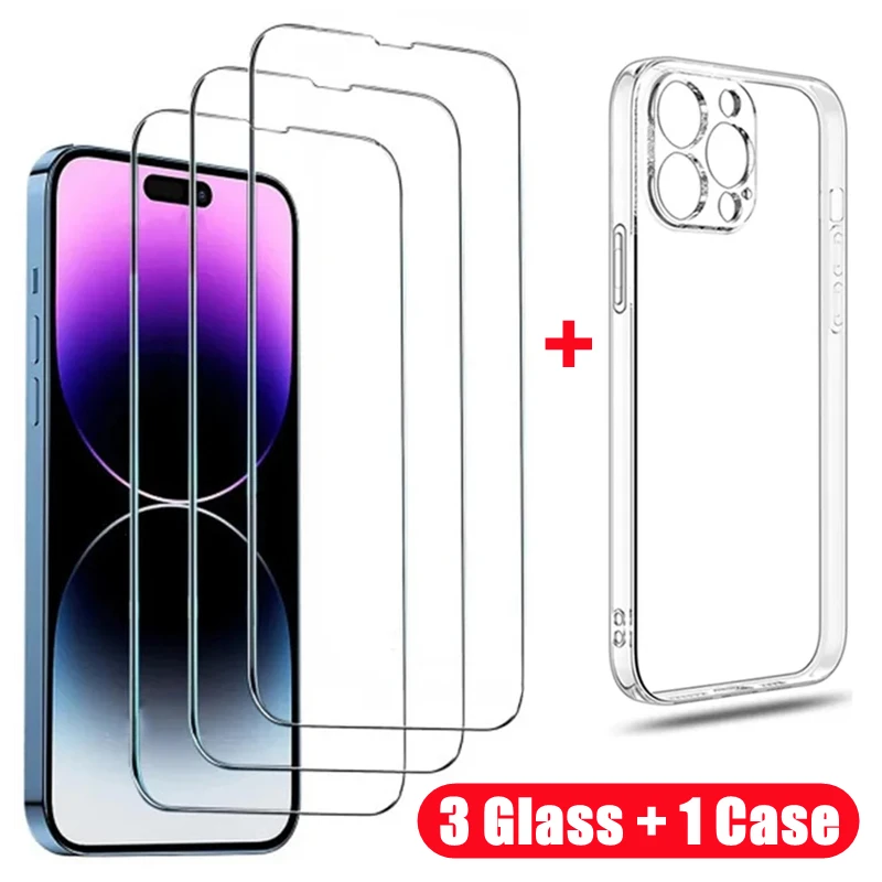 

Clear Phone Case for IPhone 14 13 12 11 Pro Max Mini 7 8 Plus Screen Protector for IPhone 15 PRO XS MAX X XR SE Tempered Glass
