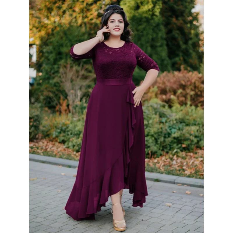 Plus Size Round Neck Lace Chiffon Elegant 4XL 5XL Dress Prom Wedding Plus Size Ruffle Chiffon Evening Dress 5 Colors