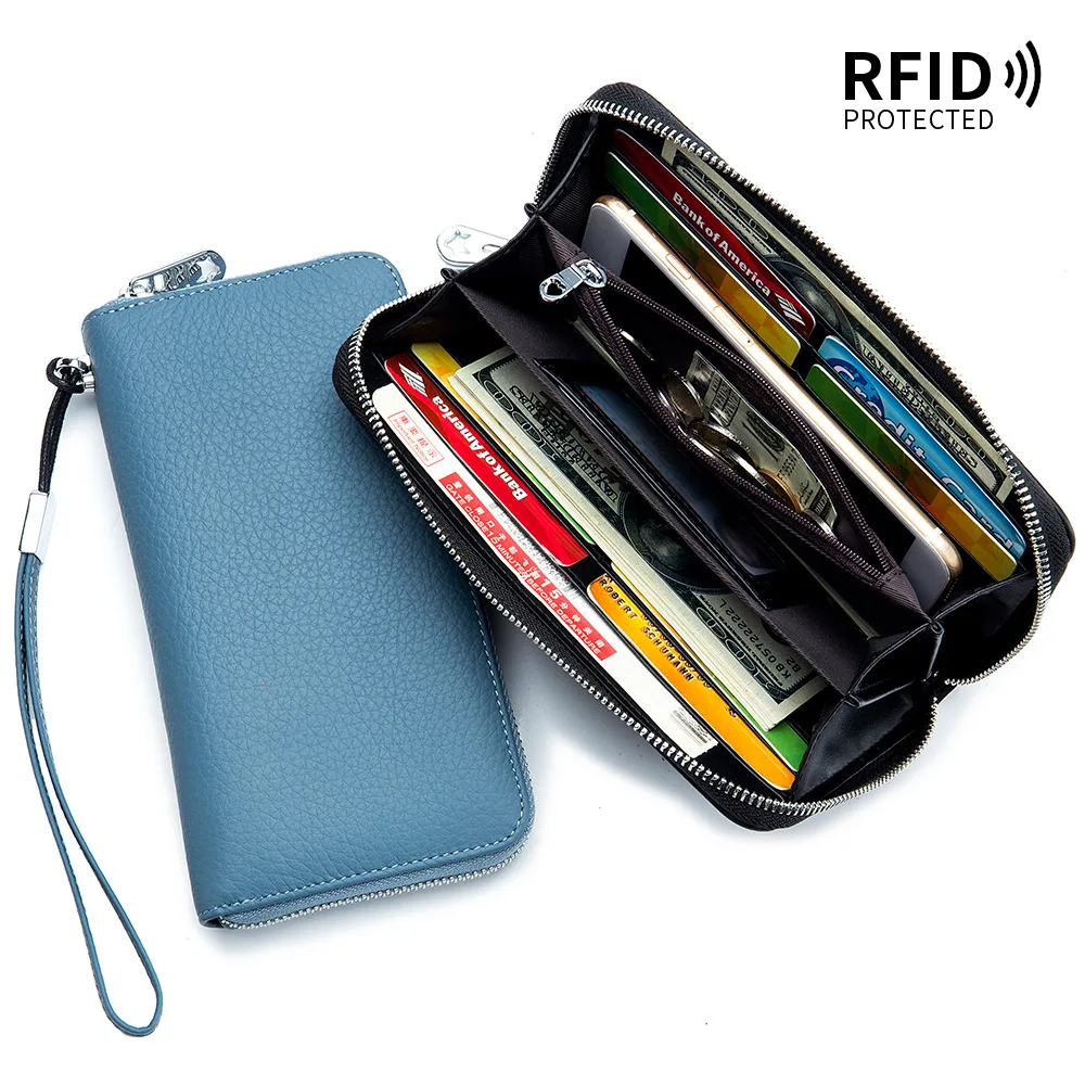 Women's Simple Casual Genuine Cowhide Leather RFID Cartera Big Capacity Long Mujer Purse Female Clutch Card Holder Wallet