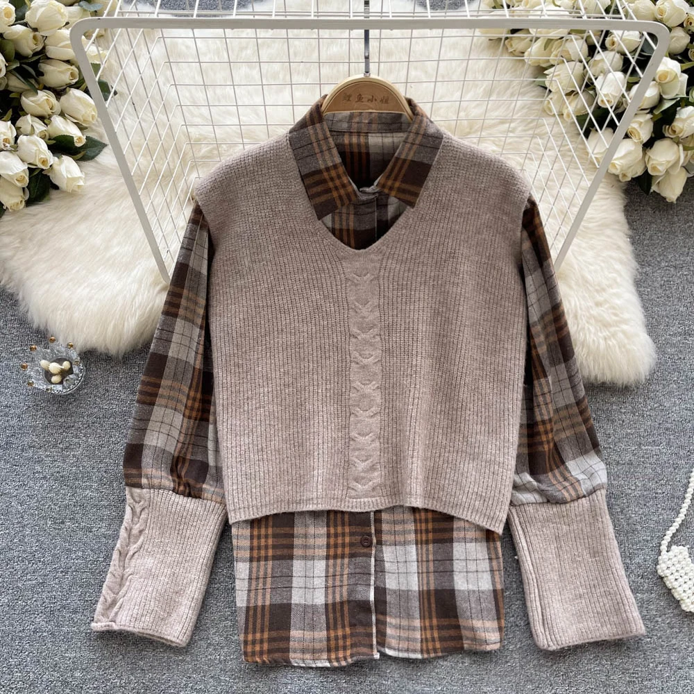 

Korean Style Blouse Plaid Shirts Women Shirt Buttons Top Female Casual Blouses Turn-Down Collar Blusas+Knitted Vest Dropshipping