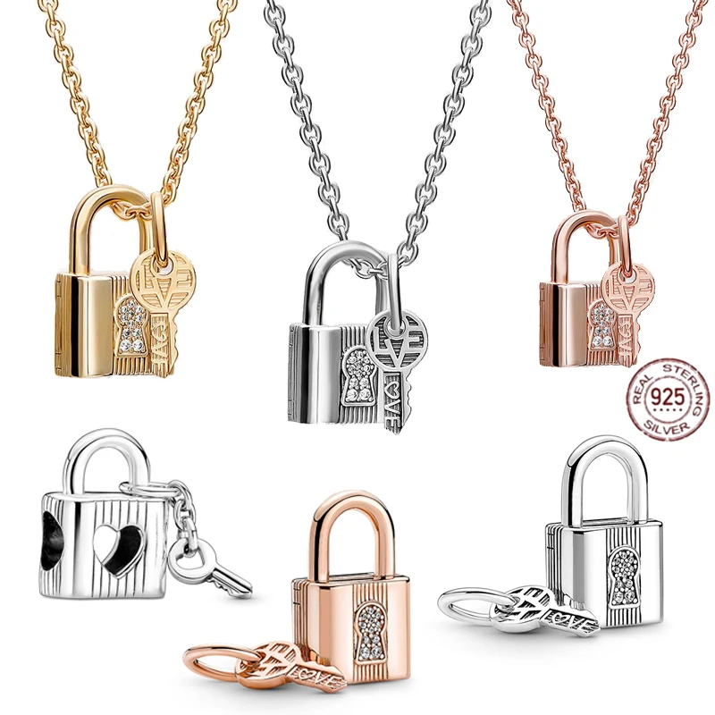 

Hot Sale 925 Sterling Silver Gold Color Padlock and Key Pendant fit Original Pandora Bracelet Necklace DIY Women's Jewelry Gift