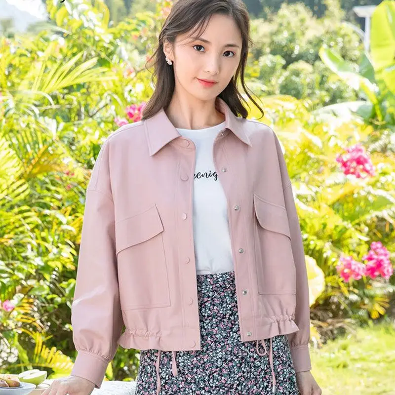 Leather coat, women's short, loose, Korean fashion, spring  autumn 2022, leather jacket, casual women's wear