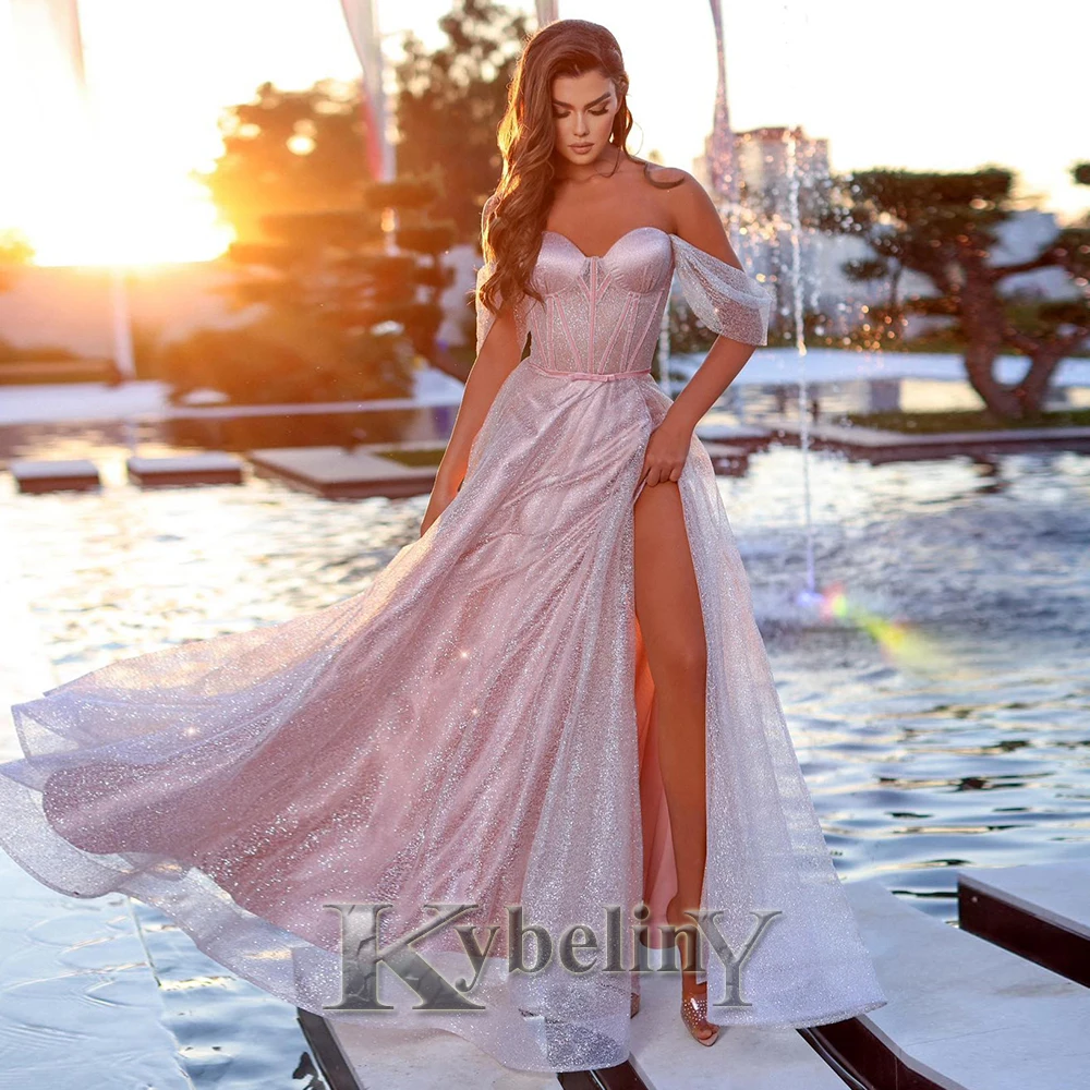 

Kybeliny Glitter Side Slit Prom Dresses 2023 For Women Off Shoulder A-line Evening Gowns Vestidos De Fiesta Party Made To Order
