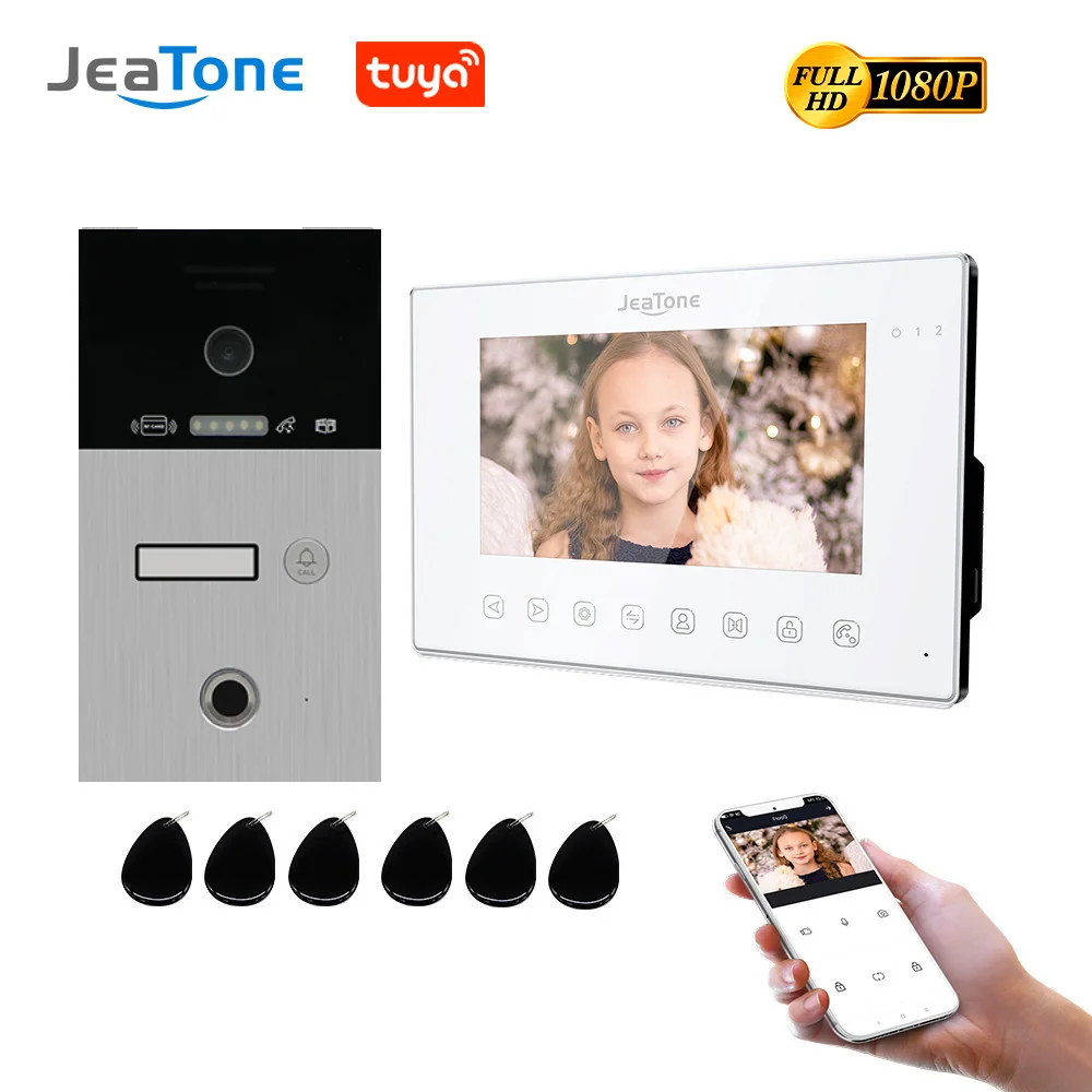 Jeatone Tuya WiFi Fingerprint Video Intercom 7 Inch Touch Button Monitor Screen and 1080P Door Phone Camera with ID Cards Unlock