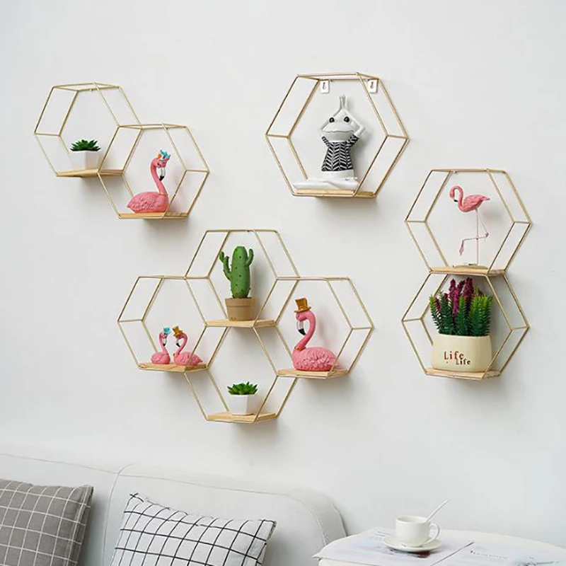 Nordic Style Iron Wall Shelf Decoration Wall-Mounted Hexagonal Iron Stand Storage Shelves TV Background Bedroom Bedside Pendants