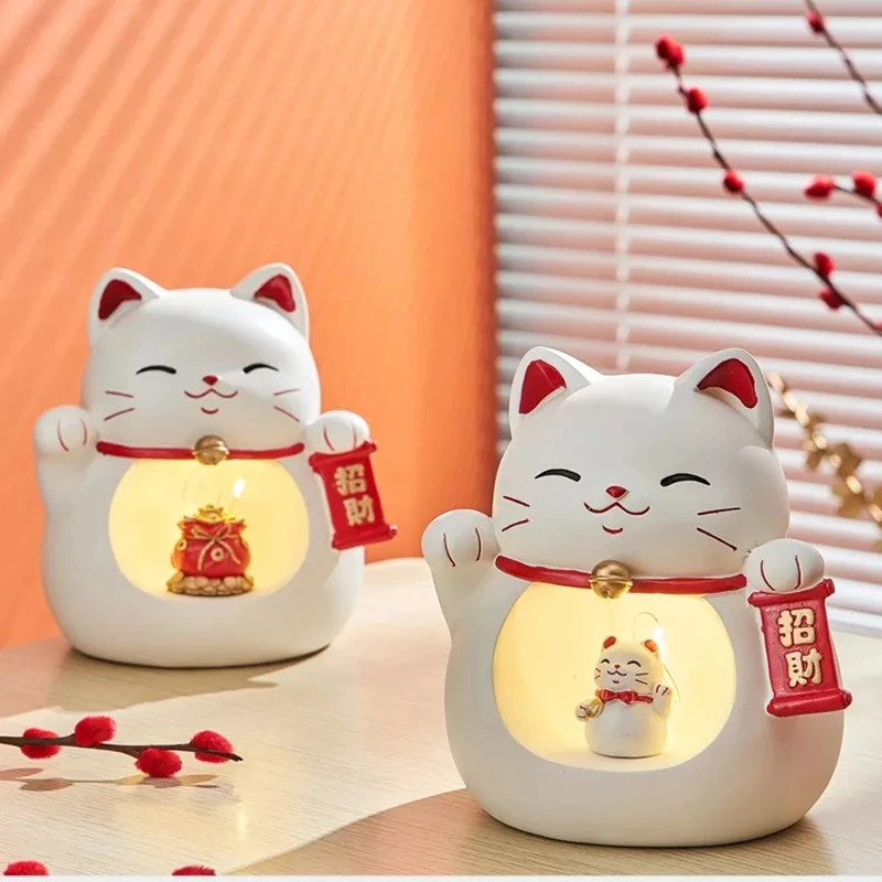 

Lucky Cat Figurines Home Decoration Ornaments Resin Fortune Cat Animal Sculpture Decor Night Lights Home Accessories for Gifts