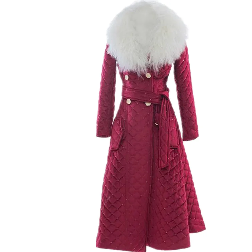X-long Winter Fashion Cotton-padded Overcoat Women Fur Collar Beading Big Swing Thick Warm Outwear